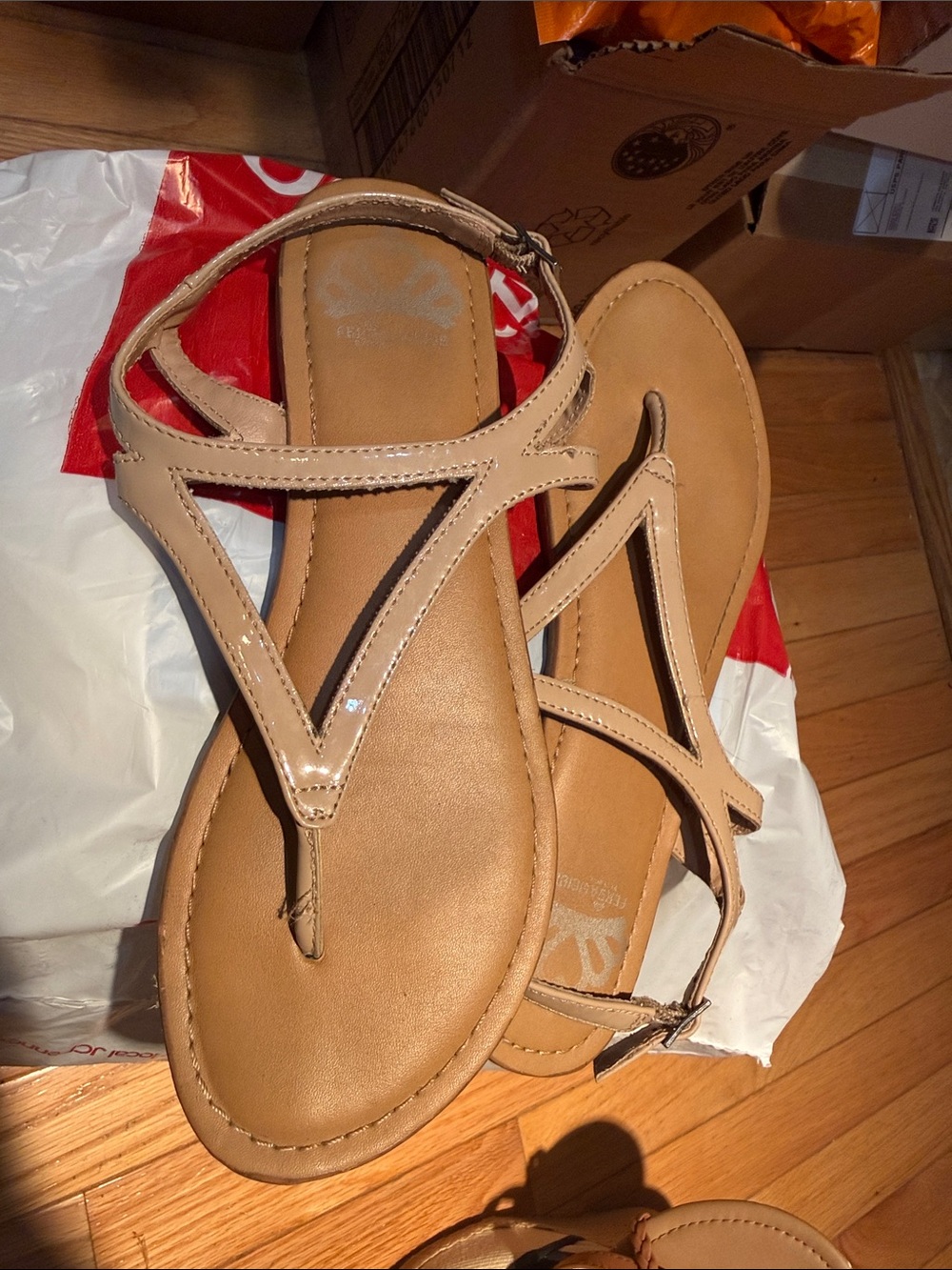 Fergalicious Beige Patent T-Strap Sandals